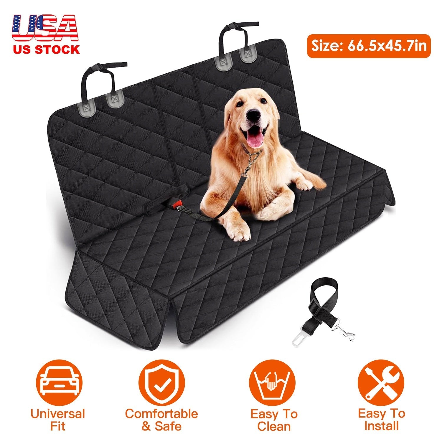 Waterproof Dog Car Seat Cover with Safety Belt - Heavy Duty Rear Seat Protector
