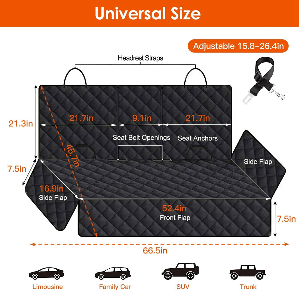 Waterproof Dog Car Seat Cover with Safety Belt - Heavy Duty Rear Seat Protector