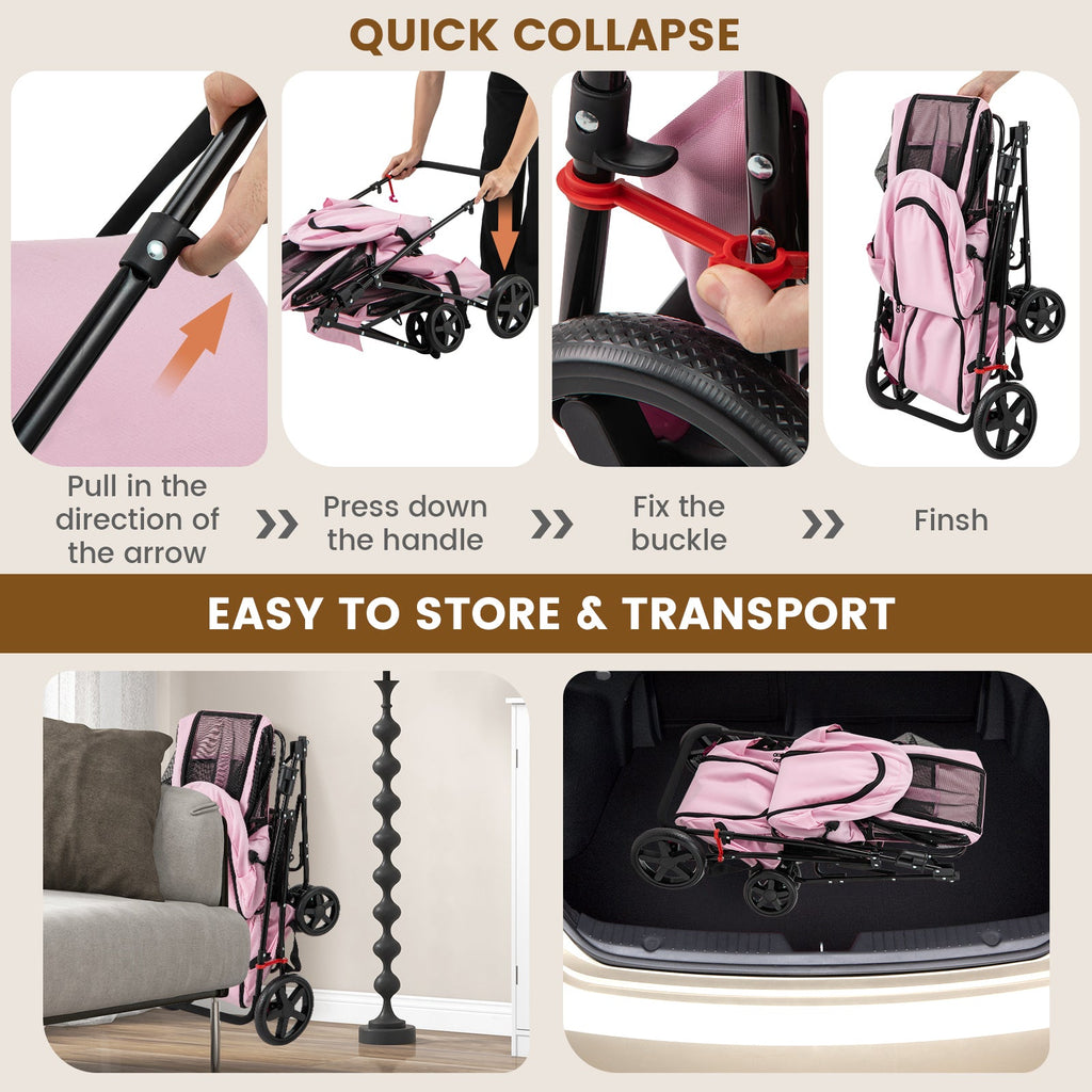 4-in-1 Double Pet Stroller with Detachable Carrier and Travel Carriage-Pink