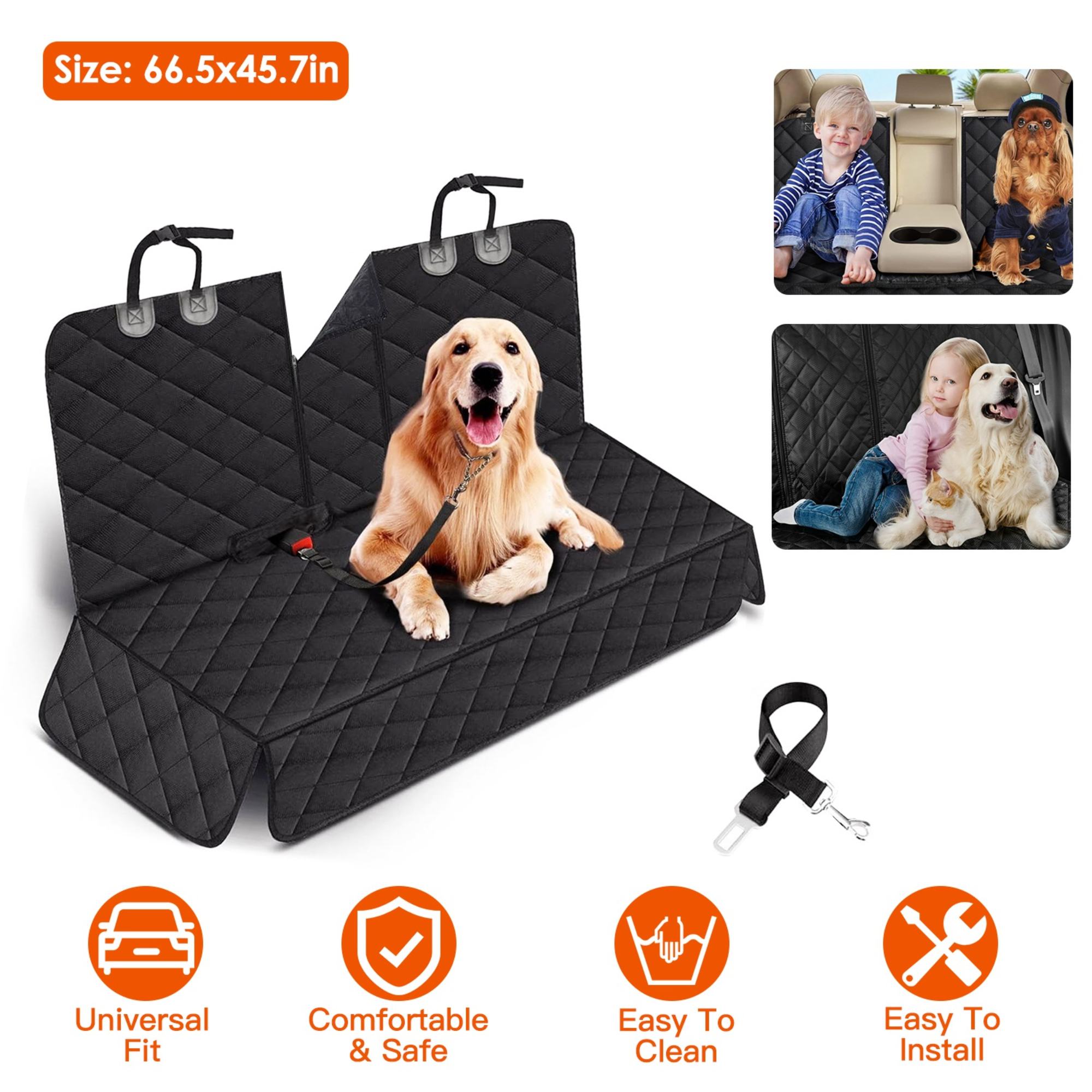 Waterproof Dog Car Seat Cover with Safety Belt - Heavy Duty Rear Seat Protector